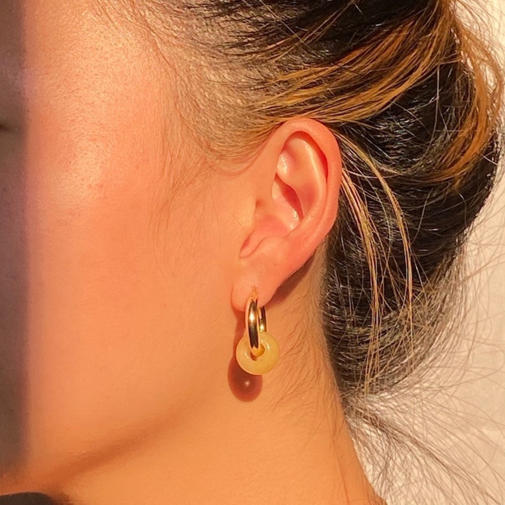 Yellow Hoop Earrings with Natural Stone - Picture 2 of 3